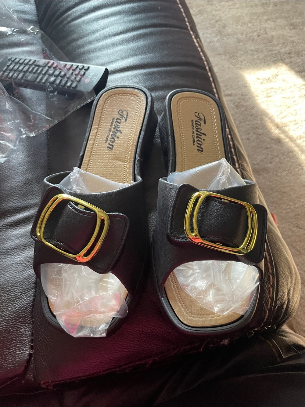 Black Slide Sandals with Gold Buckle